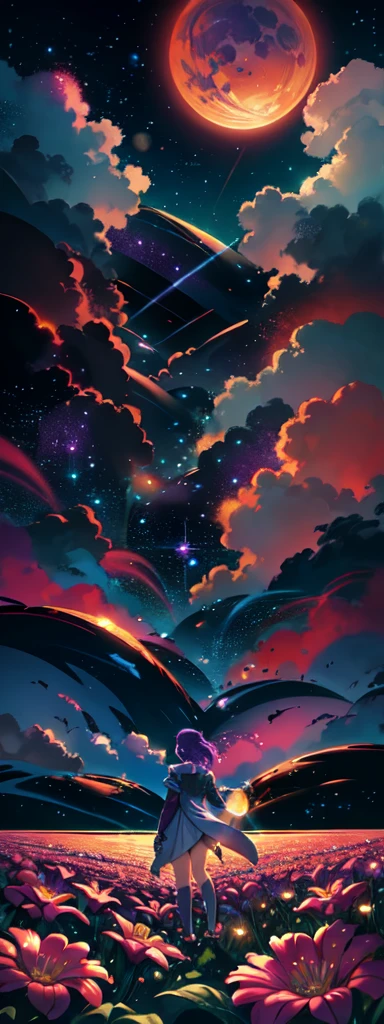expansive landscape photograph , (a view from below that shows sky above and open field below), a girl standing on flower field looking up, bright sunny day (clouds:1.2), distant mountain, tree BREAK
production art, lot of purple and orange, intricate details, volumetric lighting, realism BREAK
(masterpiece:1.2), detailed shadows, (best quality), 4k, ultra-detailed, (dynamic composition:1.4), highly detailed, colorful details,( iridescent colors:1.2), (glowing lighting, atmospheric lighting), dreamy, magical, (solo:1.2)