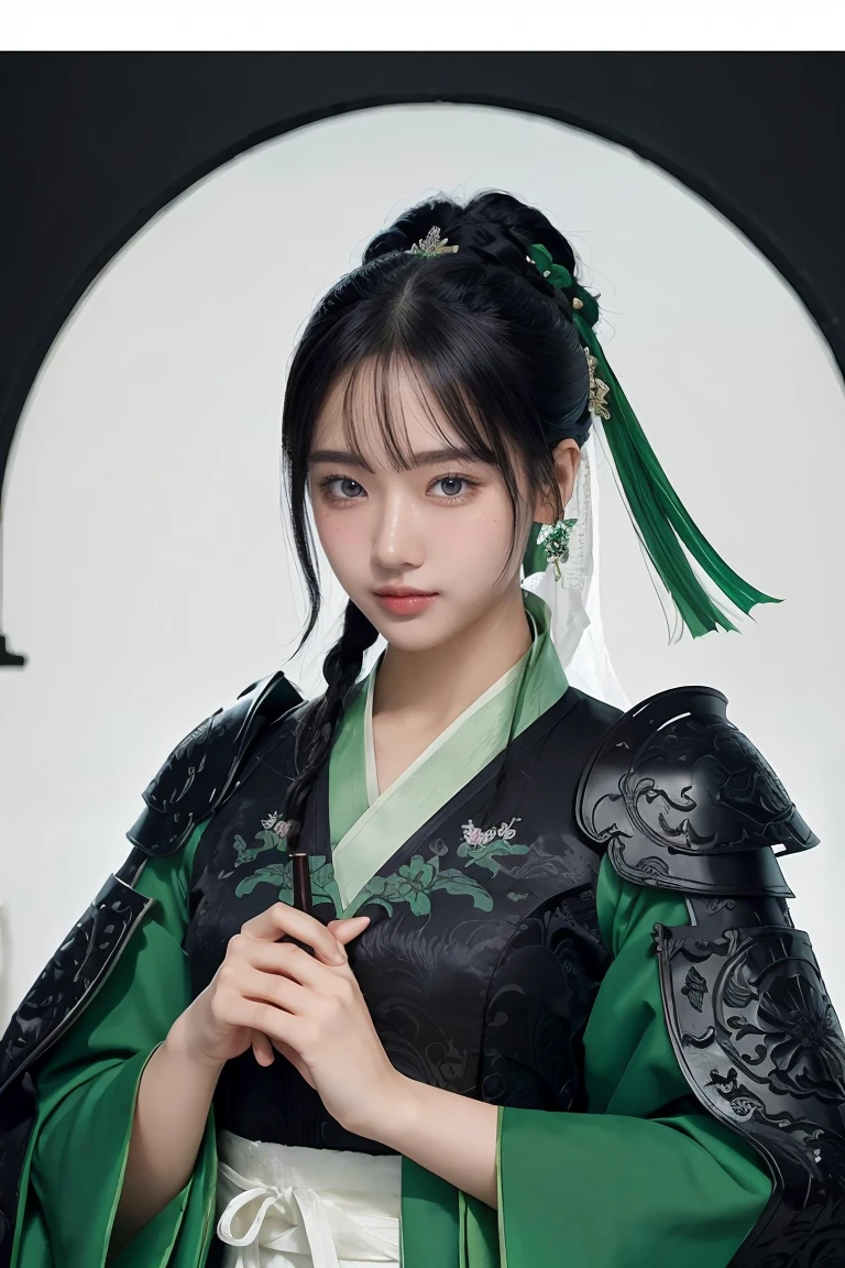 1 girl, heroine, handsome, splashed ink, Chinese armor, (upper body), black hair, floating hair, delicate eyes, black and green antique damask Hanfu, fov, (f1.8), (masterpiece), (portrait shot), front shot, white background, (movie poster), weapon