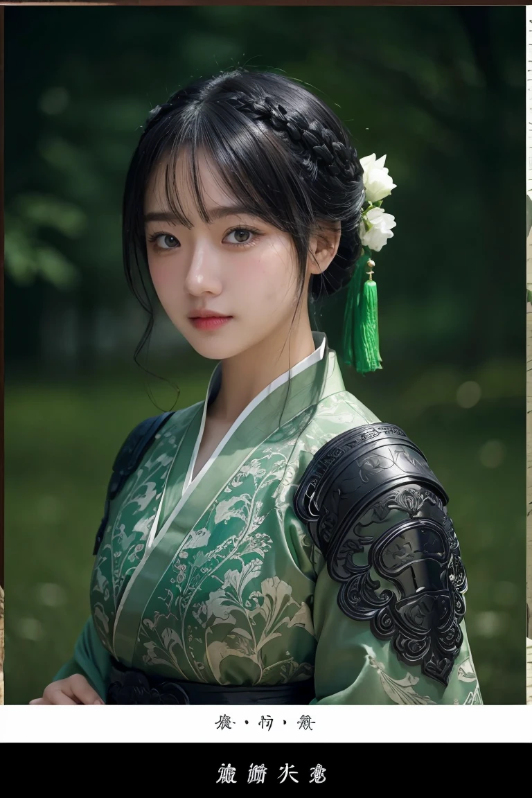 1 girl, heroine, handsome, splashed ink, Chinese armor, (upper body), black hair, floating hair, delicate eyes, black and green antique damask Hanfu, fov, (f1.8), (masterpiece), (portrait shot), front shot, white background, (movie poster), weapon