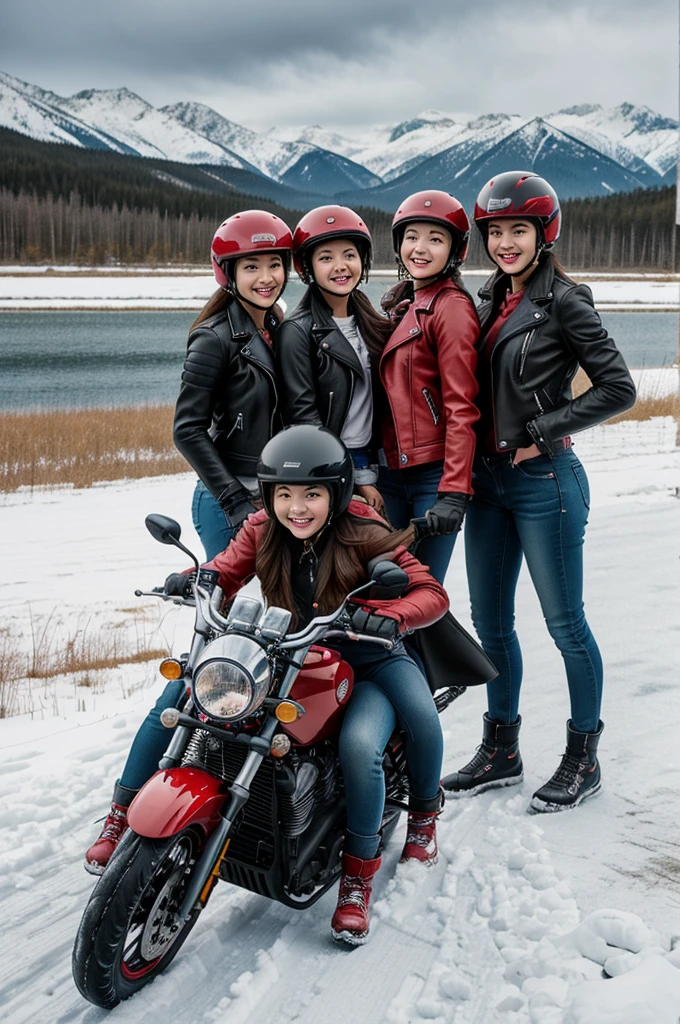 anime picture of three girls riding a motorcycle in the snow, happy!!!, small lake in the background, (3girl), leather jackets, jeans, wearing helmets, red motorcycle, ultrasharp, masterpiece, high res, 8k