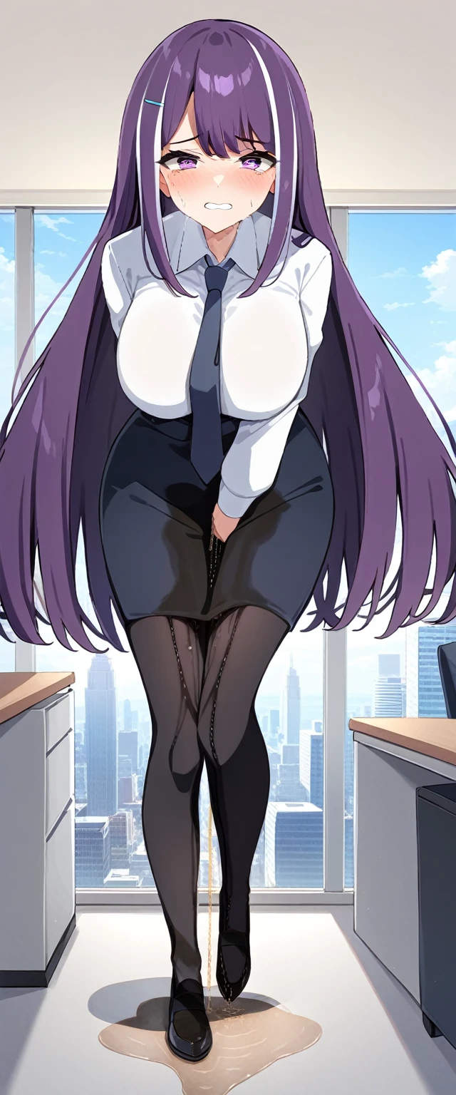 (masterpiece:1.37), best quality, (extremely detailed:1.37), (1girl:1.5), woman, (mature:1.5), (adult:1.5), large breasts, very long hair, (straight hair:1.5), (very dark purple hair:1.5), purple eyes, (extremely detailed eyes:1.37), business suit, necktie, very long pencil skirt, pantyhose, desperation, (wetting self:2.0), standing, embarrassed, humiliation, blushing, angry, office, indoors, window, cityscape, full body
