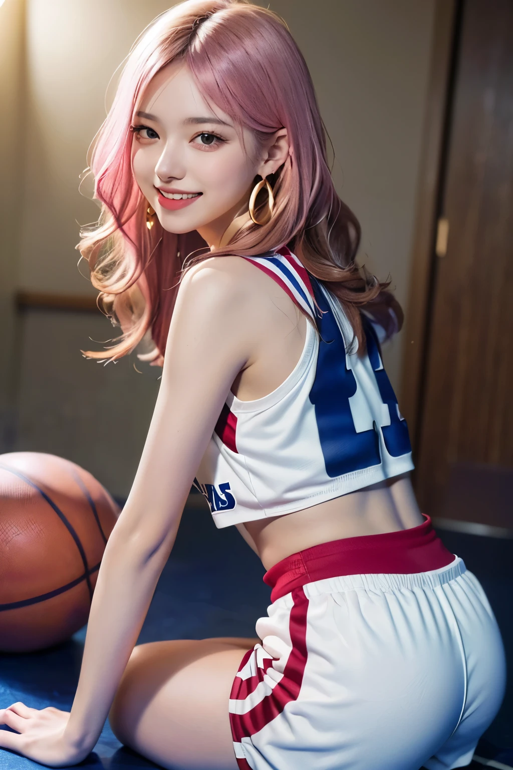(8K, top-quality, masterpiece:1.2), (reallistic, Photorealsitic:1.37), Super Detail, One girl,), (Highly detailed), (beautifully detailed eyes), (of the highest quality), (super detailed ), (masterpiece), (Detailed face),20yr old, ,1 girl, ((pink hair,long hair)), medium breasts, clothed, Perfect Lighting, BREAK, (tight basketball uniform:1.5), (bright colors:1.2, red:1.2, white:1.2, royal blue:1.2), (crop top:1.4), (sleeveless:1.2), (shoulder accents:1.1), (chest accents:1.1), (white:1.2), (high-waisted booty shorts:1.4), (side stripes:1.2), (white:1.2), (red:1.2), (knee-high socks:1.2), (color block:1.1), (red and royal blue:1.2), (high-cut basketball sneakers:1.3), (white:1.2), (red laces:1.1), (gold hoop earrings:1.1), BREAK, (upper body and thighs:1.1), (long wavy hair:1.2), (smiling:1.3), (open expression:1.2), (looking at the viewer:1.2), (seiza:1.4), (holding a basketball:1.3), (highlight on hair and skin:1.2), (bright lighting:1.2)