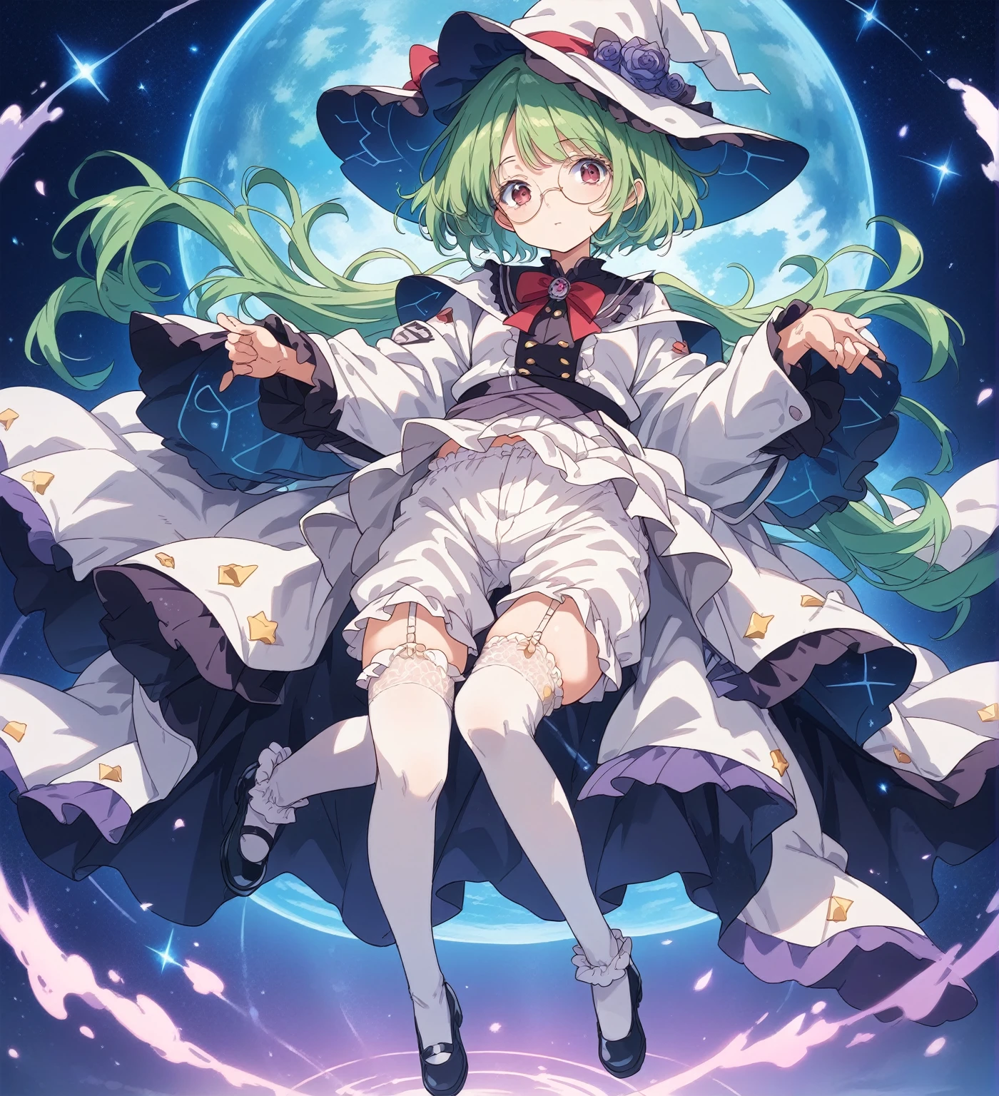 BREAK Perfect Anatomy、(High resolution:1.2)、Incredible illustrations、(Cute illustrations:1.2)、 （Beautiful background,starry skies), 1girl(A large witch's hat with a wide frill and a purple rose decoration, a robe with the Duke's coat of arms on the sleeve, a cream-colored blouse, a winered ribbon tie,  garter skirt, bloomers,garter stockings, and pumps. )(Curly short cut, green hair, large round glasses)　(Zero gravity,Weightless, floating in the air holding my knees)