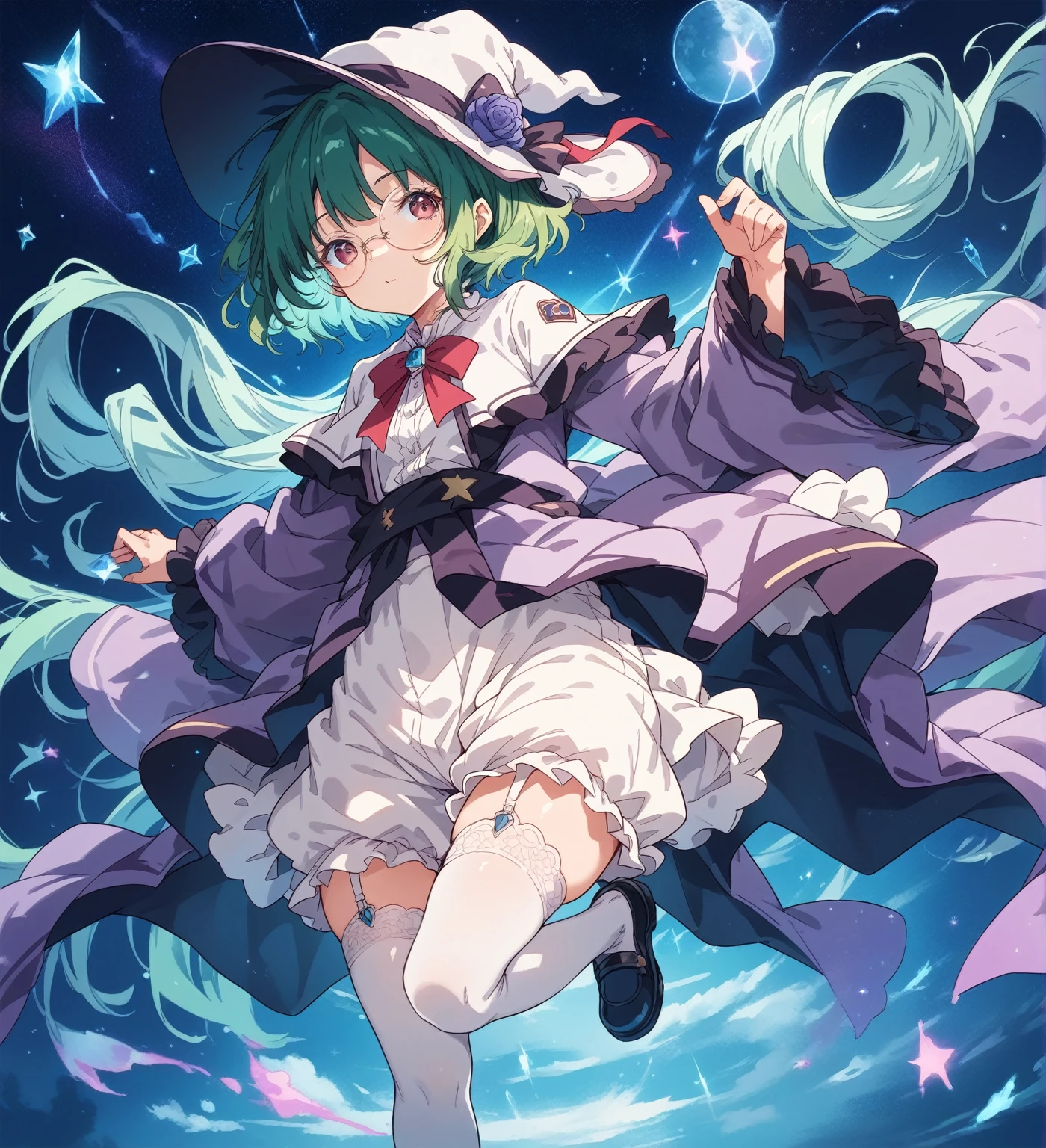 BREAK Perfect Anatomy、(High resolution:1.2)、Incredible illustrations、(Cute illustrations:1.2)、 （Beautiful background,starry skies), 1girl(A large witch's hat with a wide frill and a purple rose decoration, a robe with the Duke's coat of arms on the sleeve, a cream-colored blouse, a winered ribbon tie,  garter skirt, bloomers,garter stockings, and pumps. )(Curly short cut, green hair, large round glasses)　(Zero gravity,Weightless, floating in the air holding my knees)