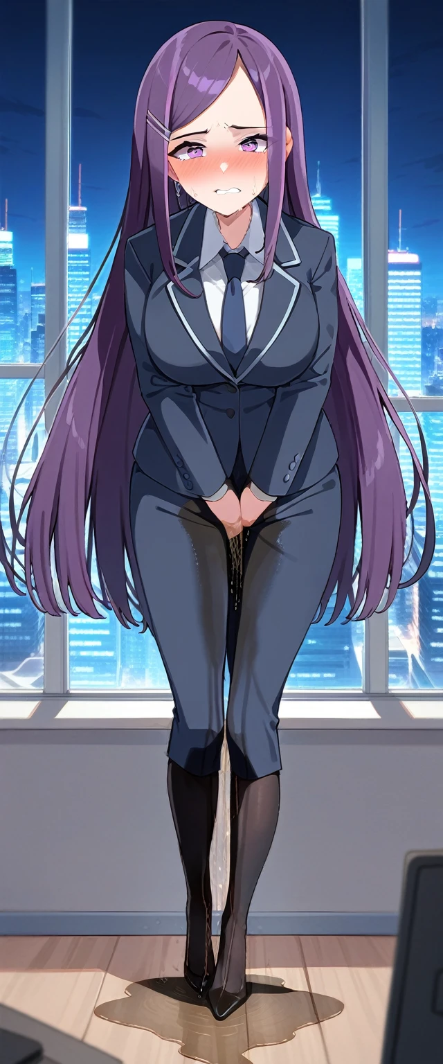 (masterpiece:1.37), best quality, (extremely detailed:1.37), (1girl:1.5), woman, (mature:1.5), (adult:1.5), large breasts, very long hair, (straight hair:1.5), (very dark purple hair:1.5), purple eyes, (extremely detailed eyes:1.37), business suit, necktie, very long pencil skirt, pantyhose, desperation, (wetting self:2.0), standing, embarrassed, humiliation, blushing, angry, office, indoors, window, cityscape, full body