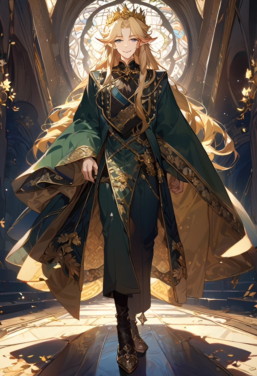 masterpiece, best quality, 8k ,4k , 1male, elf King, Golden Blond, Blue greenish eyes, gold wreath crown, hair ornament, long hair, finely detailed eyes and detailed face, looking at viewer, black sleeveless, half robe, patterned clothes, gold embroidery clothes, meticulous clothes, mature clothe, majestic looks, smiling gently, small bird, full body, inspired by Asukaziye artist : ask, art style : ask