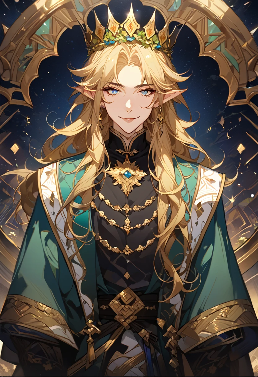 masterpiece, best quality, 8k ,4k , 1male, elf King, Golden Blond, Blue greenish eyes, gold wreath crown, hair ornament, long hair, finely detailed eyes and detailed face, looking at viewer, black sleeveless, half robe, patterned clothes, gold embroidery clothes, meticulous clothes, mature clothe, majestic looks, smiling gently, small bird, full body, inspired by Asukaziye artist : ask, art style : ask