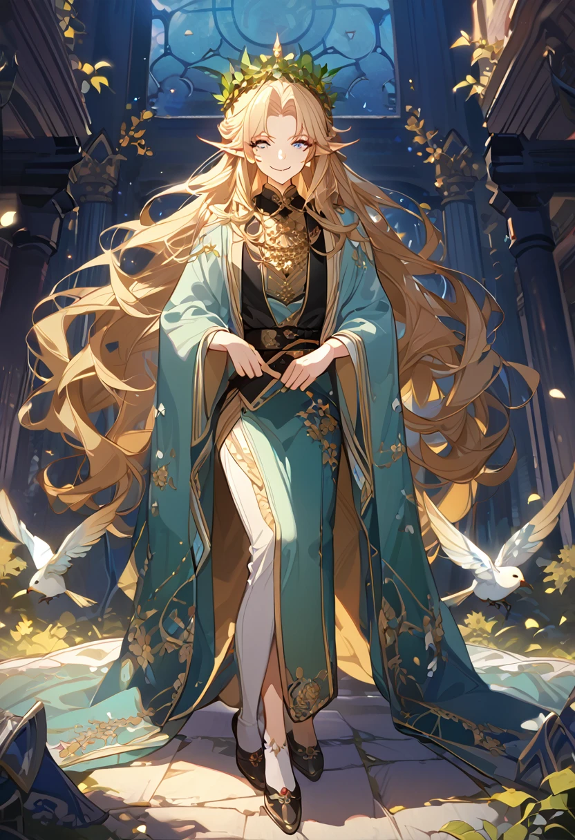 masterpiece, best quality, 8k ,4k , 1male, elf King, Golden Blond, Blue greenish eyes, gold wreath crown, hair ornament, long hair, finely detailed eyes and detailed face, looking at viewer, black sleeveless, half robe, patterned clothes, gold embroidery clothes, meticulous clothes, mature clothe, majestic looks, smiling gently, small bird, full body, inspired by Asukaziye artist : ask, art style : ask