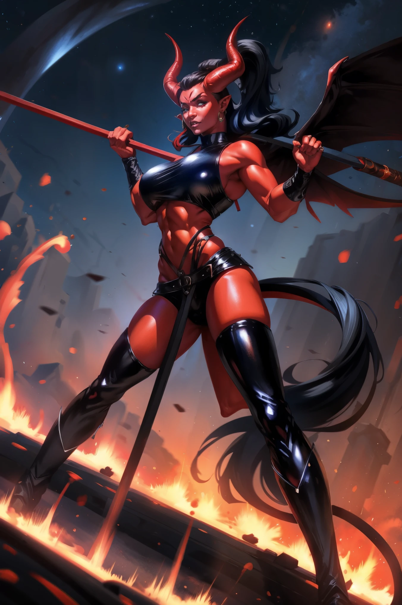 Red skin succubus tiefling, medium breasts, black horns, wings, huge tail, black leather, crop top, long flowing pelvic curtain, tall, toned, graceful, thin, long black ponytail. Action scene, whip. Dark scene, explosions, night sky.