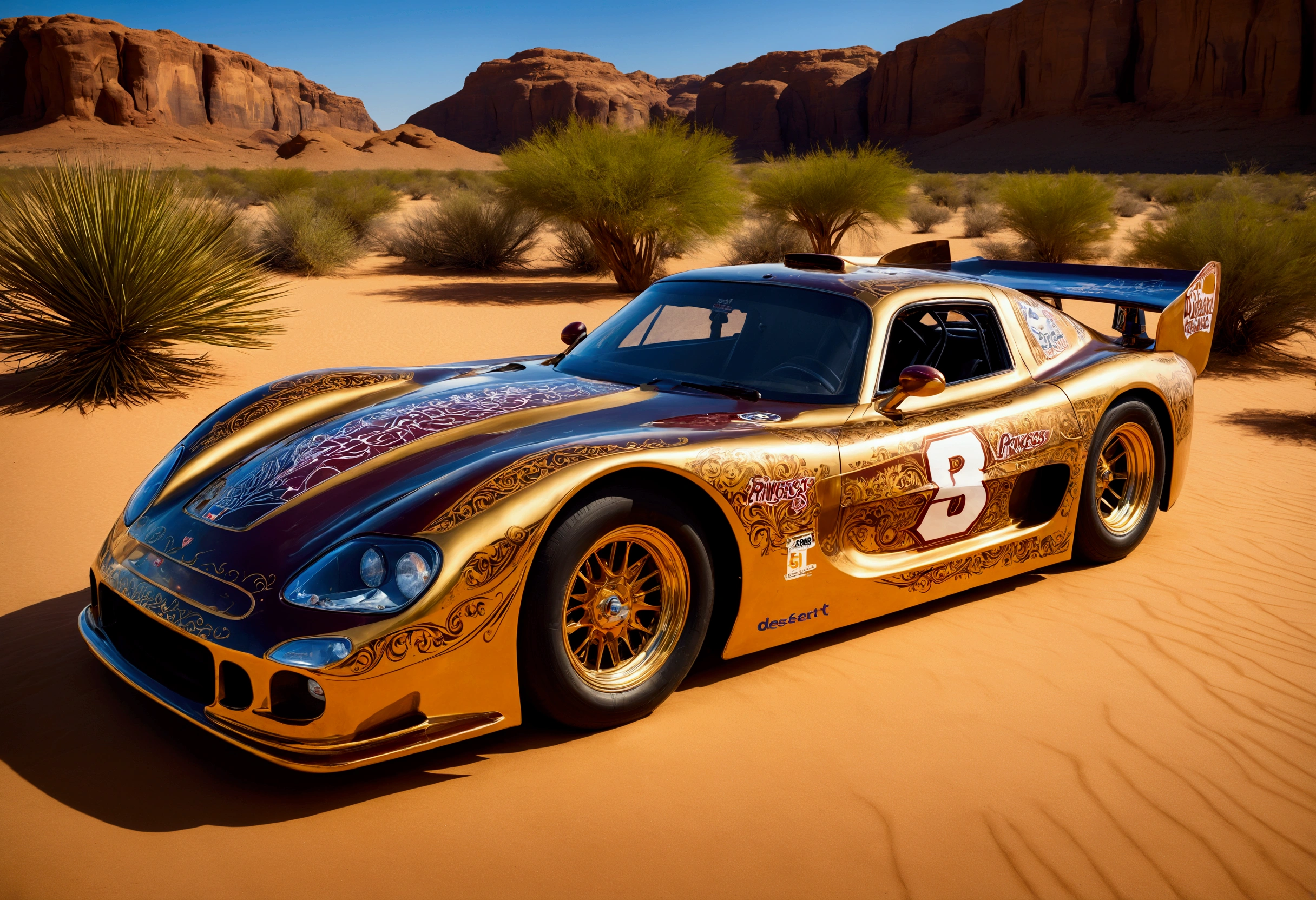 A race car with 'Desert Princess' written on the side, along with a painting of a desert princess, car show