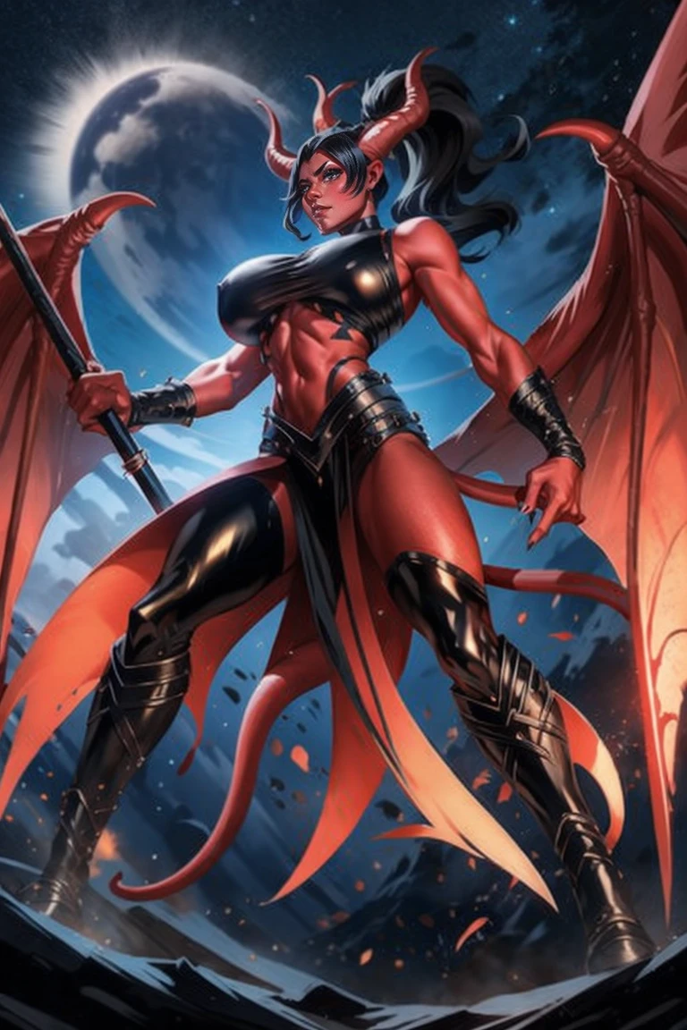 Red skin succubus tiefling, digitigrade legs, full breasts, medium breasts, black horns, wings, huge tail, black leather, crop top, long flowing pelvic curtain, tall, toned, graceful, thin, long black ponytail. Action scene, whip. Dark scene, explosions, night sky.