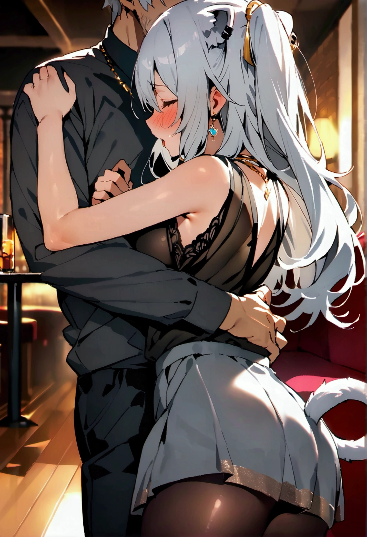 NSFW,masterpiece,Highest quality,High resolution,Super detailed,Shishirabotan\(Hololive\),Long Hair、Two Side Up、Earrings、Lion&#39;s Tail,necklace、Black Shirt、Sleeveless shirt、abdomen、See-through、Grey Skirt、片足pantyhose、pantyhose、Off the shoulder,Black sexy panties,Embarrassed,blush,Luxurious Room,pub,Private room,sofa,(Drunk),(Intoxication),heart,Sexy pose,Panty shot,(Middle-aged men),(A man puts his hands on her waist and hugs her),Deep kissing,From the side