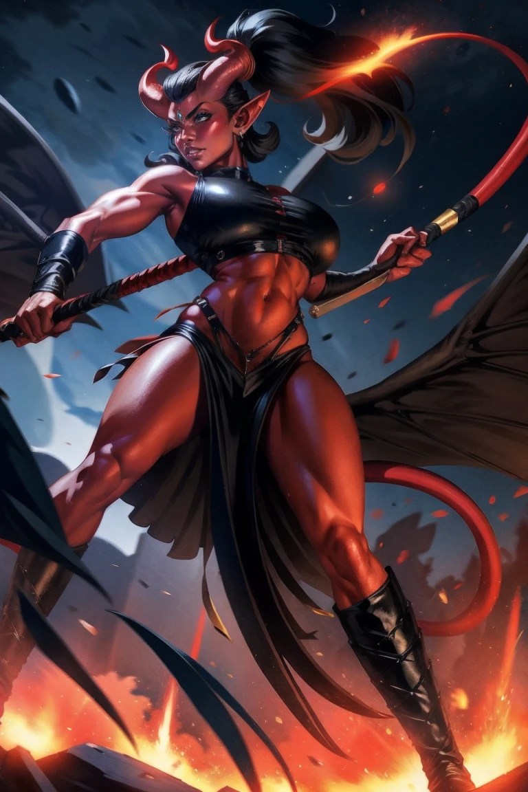 Red skin succubus tiefling, medium breasts, black horns, wings, huge tail, black leather, crop top, long flowing pelvic curtain, tall, toned, graceful, thin, long black ponytail. Action scene, whip. Dark scene, explosions, night sky.