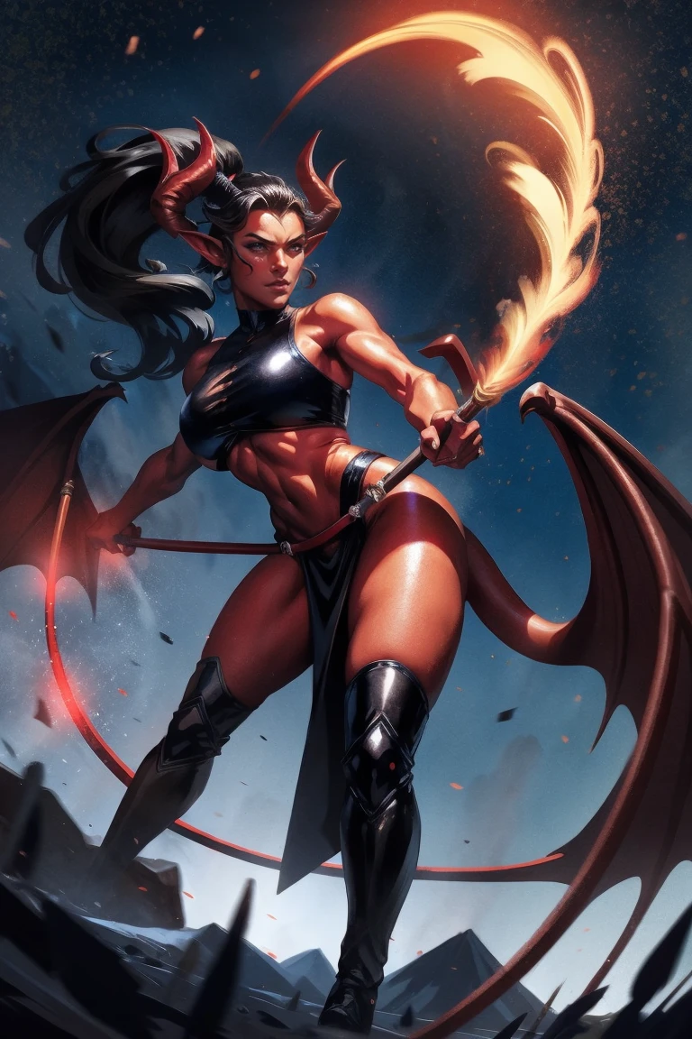 Red skin succubus tiefling, medium breasts, black horns, wings, huge tail, black leather, crop top, long flowing pelvic curtain, tall, toned, graceful, thin, long black ponytail. Action scene, whip. Dark scene, explosions, night sky.