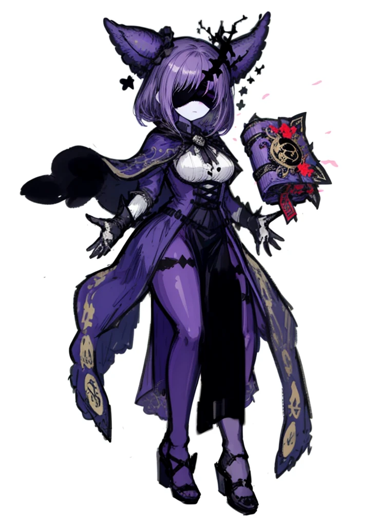 1girl, pale skin, black blindfold, purple hair, magic book, necromancer, nice clothes, (high resolution, high detail, best quality) sleeping