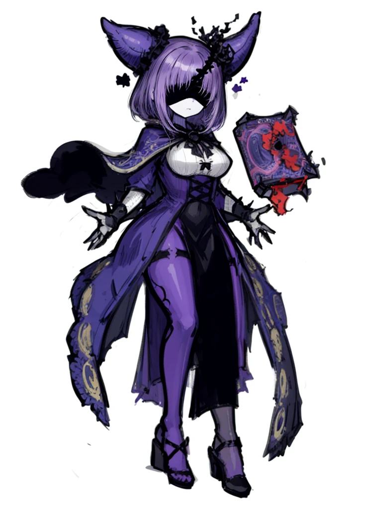 1girl, pale skin, black blindfold, purple hair, magic book, necromancer, nice clothes, (high resolution, high detail, best quality) sleeping