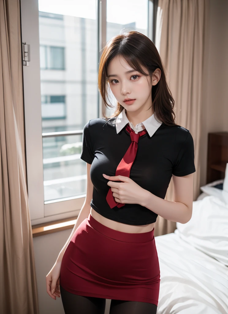 （8K，best quality，masterpiece：1.2），（In reality，realistic：1.4），（RAW photos）,perfect details，18-year-old South Korean female model，Korean beautiful girl，Goose egg face shape，wavy curly hair，pure desire，((upper body：5 Point Shirt，black shirt，(Little Red Tie)，short sleeve，Crop topping))，(private part：Skirt that hugs the buttocks，black)，Wear pantyhose and sneakers，chest이 크다，chest，Butt Lift，hotel，rooms，window，