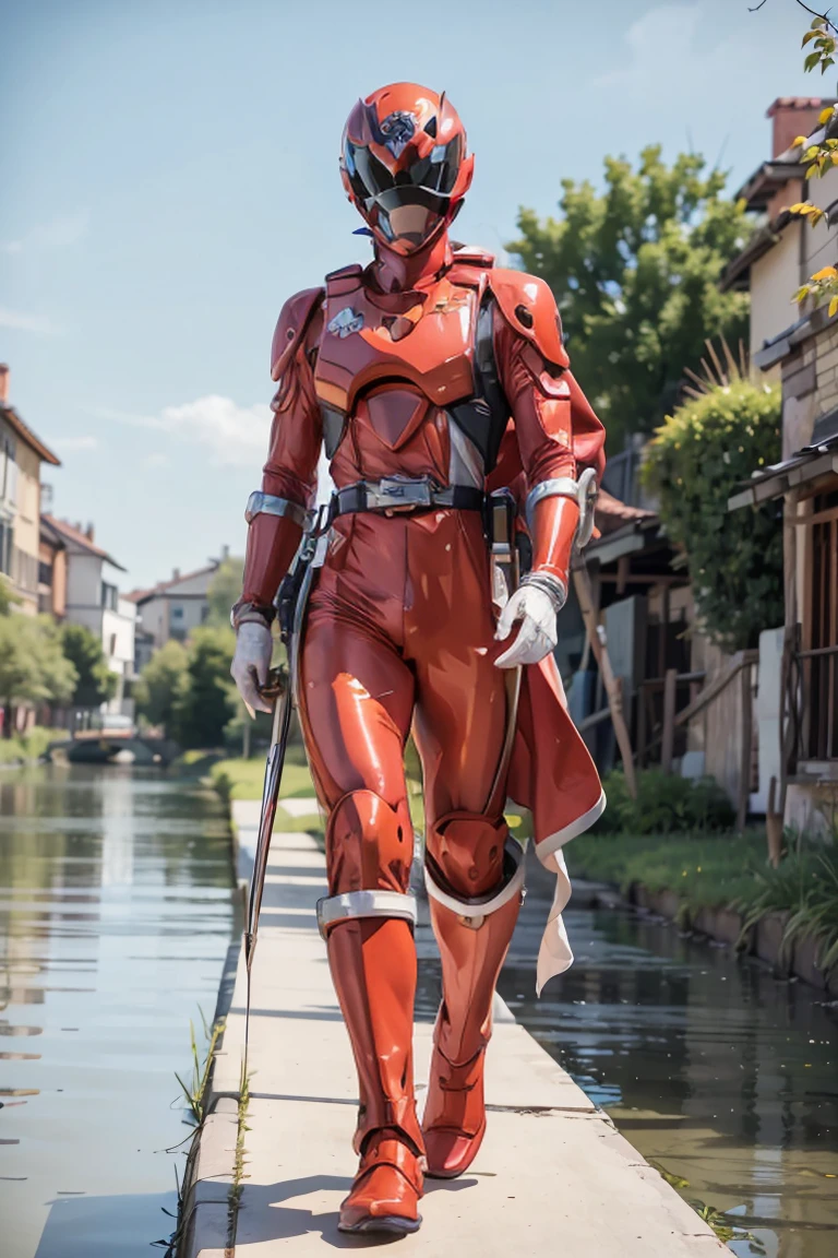 The sunset flies with the lonely geese in the distance, and the autumn river water and the vast sky are connected, icons,1boy, full body, Illustration, cinematic light, high resolution, best quality, ultra detailed, masterpiece, power suit, powerranger, suit, spd, (silver ranger suit), gold detail, shoulder cloak,