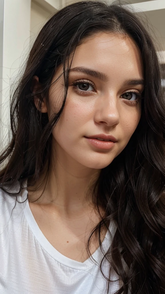 I want a real face of a white woman with wavy black hair with fine features and light brown eyes