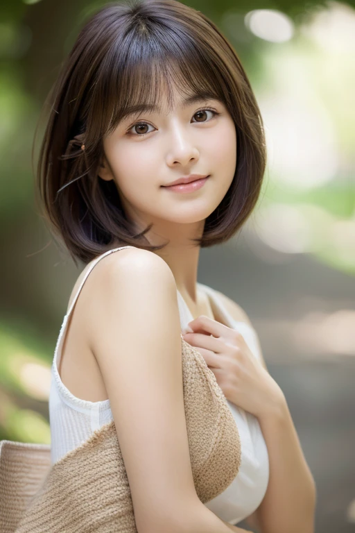 masterpiece, Best Quality, 8K, 20 yo, (Large breast:1.2), cuddly, Solo, smile shyly, close up, Cute, Girly, Delicate girl, Neat and clean beauty, Raw photo, Professional Photography, Portrait, Soft light, Professional Lighting, Back lighting, Upper body, Looking away, Sophisticated, Film grain, (Eyes and faces with detailed:1.0), short length floating hair , beautiful flowing hair, bangs, silk blouse,
