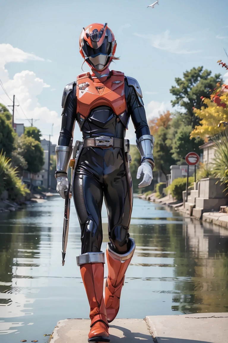 The sunset flies with the lonely geese in the distance, and the autumn river water and the vast sky are connected, icons,1boy, full body, Illustration, cinematic light, high resolution, best quality, ultra detailed, masterpiece, power suit, powerranger, suit, spd, (silver ranger suit), gold detail
