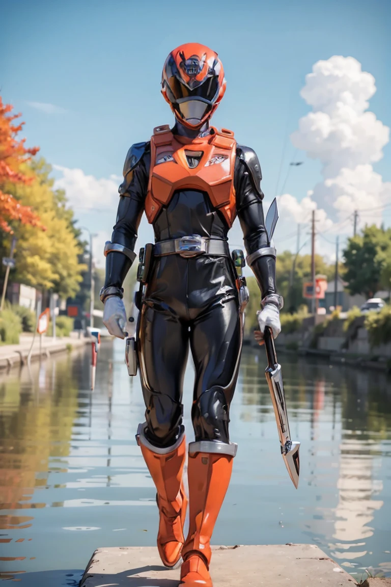 The sunset flies with the lonely geese in the distance, and the autumn river water and the vast sky are connected, icons,1boy, full body, Illustration, cinematic light, high resolution, best quality, ultra detailed, masterpiece, power suit, powerranger, suit, spd, (silver ranger suit), gold detail