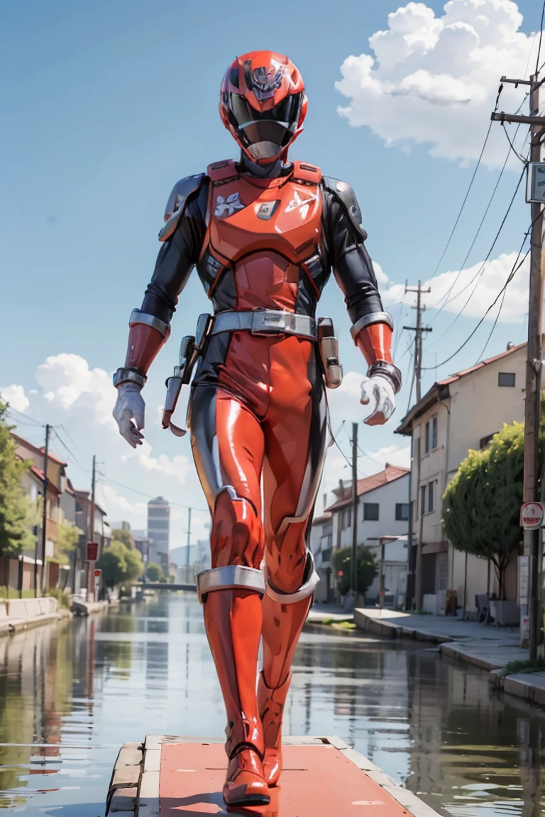 The sunset flies with the lonely geese in the distance, and the autumn river water and the vast sky are connected, icons,1boy, full body, Illustration, cinematic light, high resolution, best quality, ultra detailed, masterpiece, power suit, powerranger, suit, spd, (silver ranger suit), gold detail
