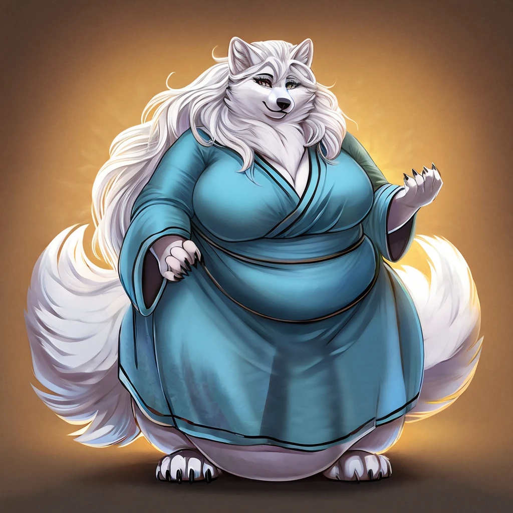 A morbidly obese Arctic wolf, gorgeous, beautiful, eyelashes claws, female, long messy hair , simple background,robe