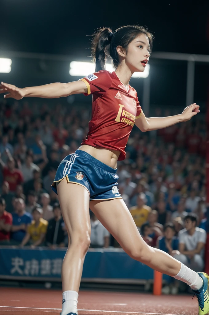 (((best quality))), (((ultra detailed))), (((masterpiece))), illustration,(a beautiful girl,female footballer,solo),(short ponytail:1.2),Spanish team,(short sleeves:1.2),((red jersey, blue shorts)),((slim,thin)),((small breasts,flat chest))),(football:1.2),determination, agility, passion, dedication, energetic crowd, vibrant atmosphere, electric, invigorating, chaotic, aggressive movements, powerful kicks, elegance, composure, intensity, sports, moment, perseverance, stands, packed stands, enthusiastic fans, roaring, supportive, cheering, chanting, sheen of sweat, skillful, dynamic, picturesque, atmospheric, action-packed, dramatic, realistic,adium, night game, stadium lighting, passionate player, focus, determination, talent, artistry, movement, speed, grace,((from front,full body)),(night scene:1.3)
