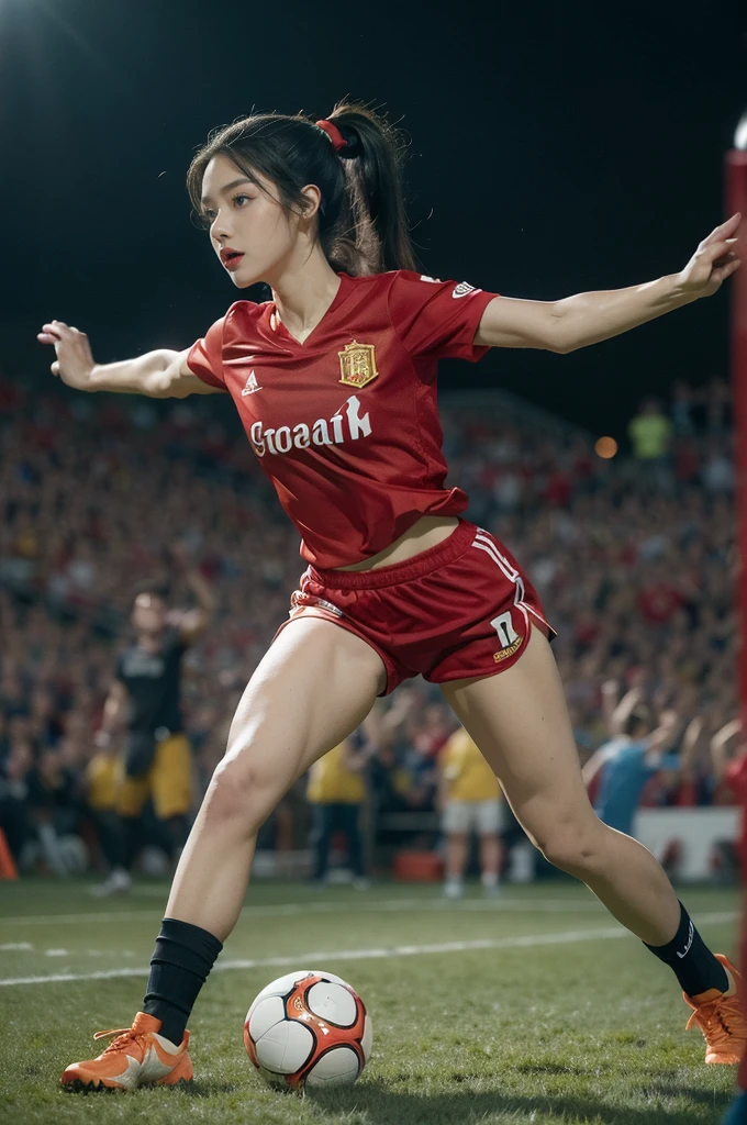 (((best quality))), (((ultra detailed))), (((masterpiece))), illustration,(a beautiful girl,female footballer,solo),(short ponytail:1.2),Spanish team,(short sleeves:1.2),((red jersey, blue shorts)),((slim,thin)),((small breasts,flat chest))),(football:1.2),determination, agility, passion, dedication, energetic crowd, vibrant atmosphere, electric, invigorating, chaotic, aggressive movements, powerful kicks, elegance, composure, intensity, sports, moment, perseverance, stands, packed stands, enthusiastic fans, roaring, supportive, cheering, chanting, sheen of sweat, skillful, dynamic, picturesque, atmospheric, action-packed, dramatic, realistic,adium, night game, stadium lighting, passionate player, focus, determination, talent, artistry, movement, speed, grace,((from front,full body)),(night scene:1.3)