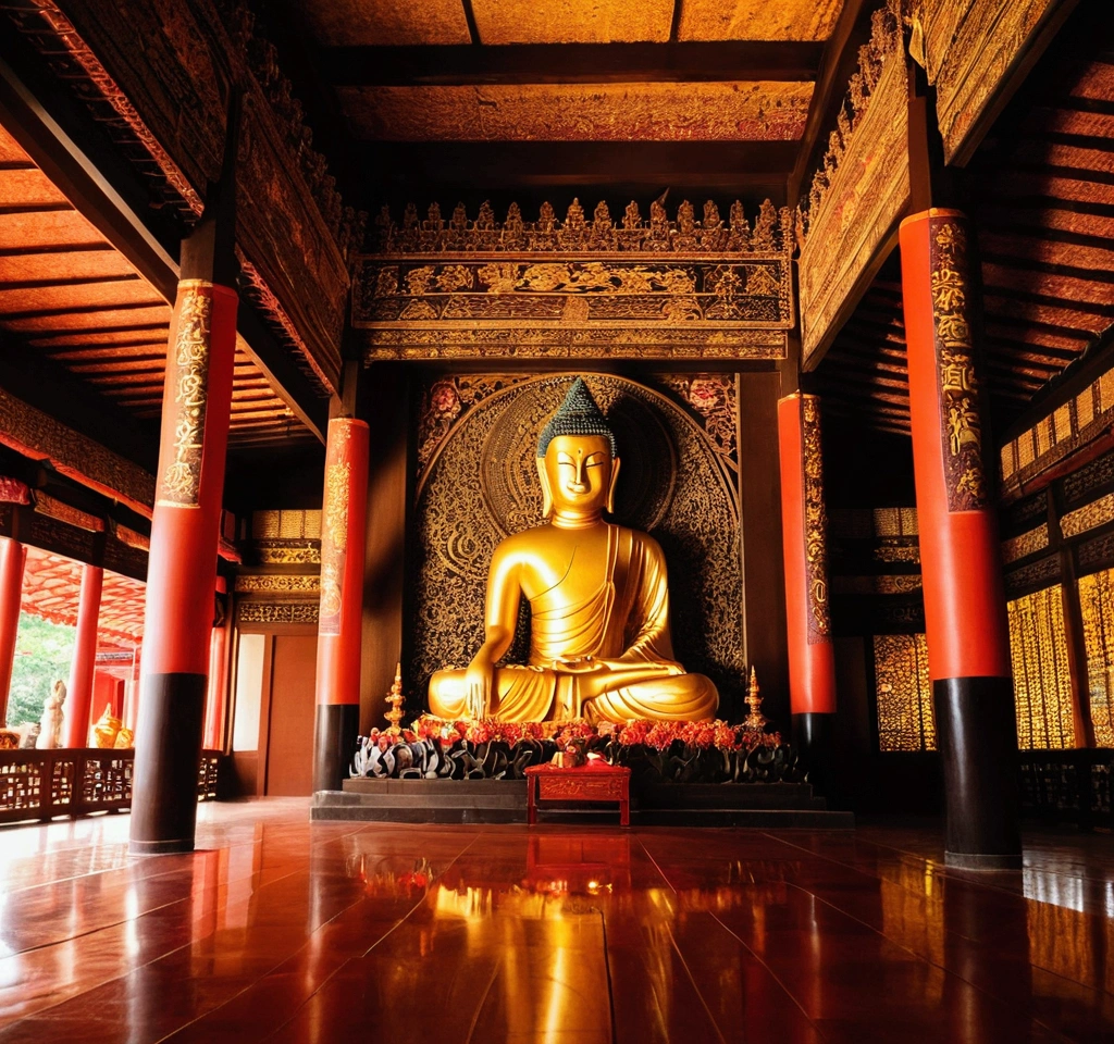，masterpiece, Highest quality，8K, Ultra-high resolution，In the quiet pagoda，Weak morning light reflection。A huge Buddha statue stands tall in the center of the hall，Breathing life into it，Every detail has been carefully carved by an artist。The Buddha is seated majestically on the lotus throne，There is a sacred atmosphere there.。Light of the sun, Coming in through the upper window, Casts mottled light and shadow，The whole venue is illuminated with peace.。

The Buddha statue is majestic，Unique details give a realistic and dynamic impression。Buddha's eyes shone brightly，You seem capable., Seeing through the world's difficulties。Meticulous hand engraving highlights the texture of the fingertips and the gentle posture.，Creates a sense of detached meditation。The golden robe caught the light and shone softly.，it was, Like a heavenly glow。

Devotees gathered around the temple，They were in awe, Worshiping a Buddha statue，Kneel on the floor and ponder the scriptures。Her figure is enveloped in a warm glow，The outline is clearly visible。The walls of the hall are covered with colorful prayer flags.，Swaying in the wind，Gives the whole room a mysterious and luxurious feel。