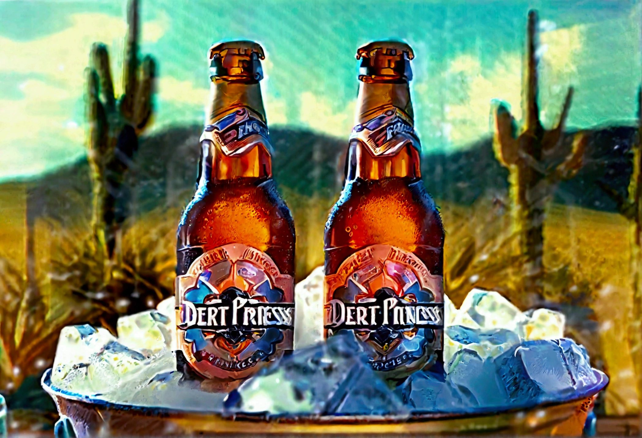 A beer commercial, unopened bottle of beer in ice chest, label reads 'Desert Princess'