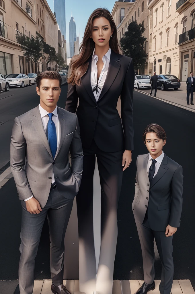 Tall wife in the middle, short husband in the left, short son in the right, beautiful faces, wife is wearing suit and pants, wife has big , wife is showing cleavage, wife is ripped, wife's suit has a belly button cutout, wife has ripped visible abs, make the girls even more taller than the boys, boys are very thin and weak, boys wearing suit and pants, wife is standing barefoot, boys are wearing office shoes