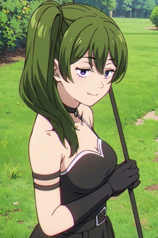 ((Best quality))),((Ultra-detailed)),((illustration)),((Disheveled hair)),((frilld)),(1 girl),(Solo),
1girl, against tree, armband, axe, bangs, bare shoulders, black gloves, breasts, bush, butterfly net, christmas tree, collarbone, day, eyebrows visible through hair, field, flower field, foliage, forest, garden, gloves, grass, green hair, green theme, hammock, hand net, head rest, hill, holding, jungle, long hair, looking at viewer, lying  moss, nature  on grass, on ground, outdoors, park, path, plant, purple eyes, shade, single elbow glove, single glove, smile, solo, tree, tree shade  tree stump, umbrella, under tree, wading pool, weapon, weapon over shoulder,Right side ponytail,