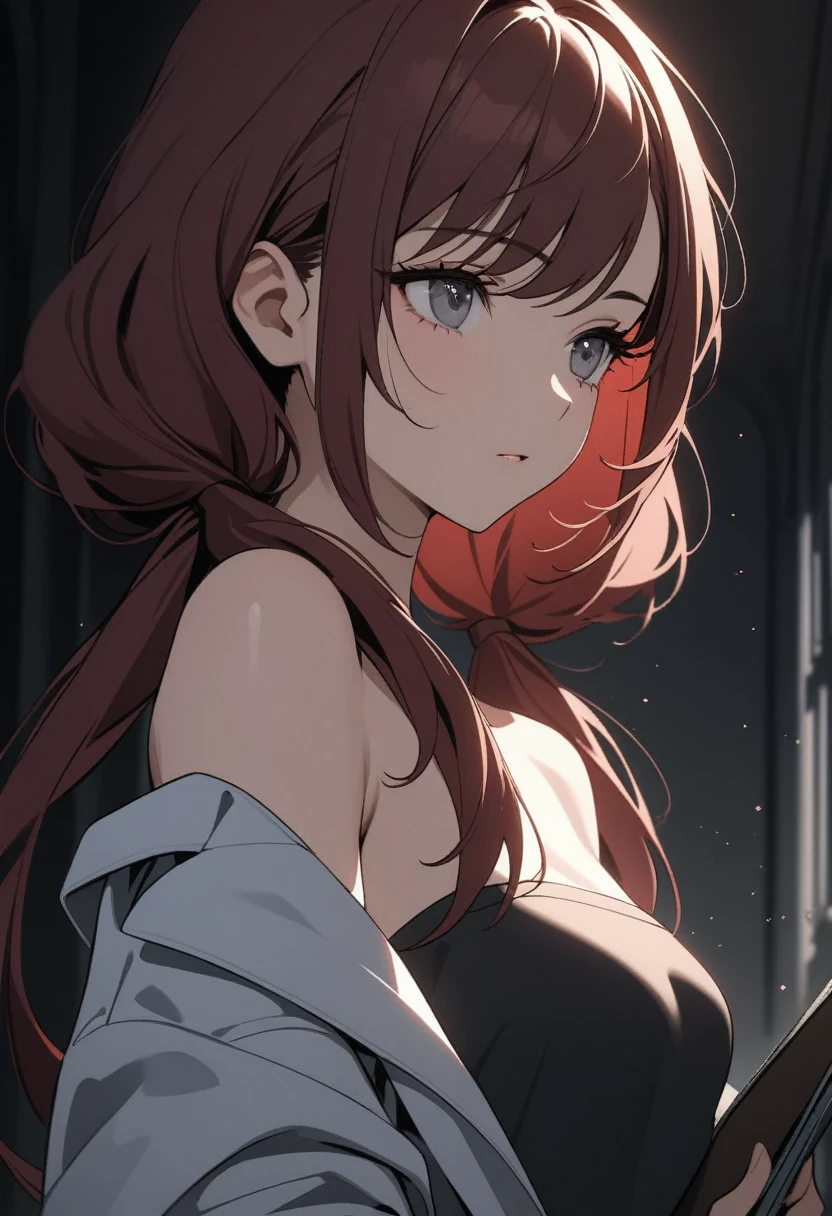 (masterpiece:1.2, Best Quality), (finely detailed beautiful eye: 1.2), (beautiful detailed face), High contrast, (Best Illumination, extremely delicate and beautiful), ((Cinematic Light)), Highest Quality, masterpiece, light particles, close up of young woman holding clipboard, looking to the side, gray eyes, dark red hair in low twin tails, swept bangs, eyelashes,, stoic, strapless gray shirt, off shoulder lab coat, black jeans, small breasts, toned arms, hallway, dark atmosphere, slate colors, light particles, highest quality, masterpiece