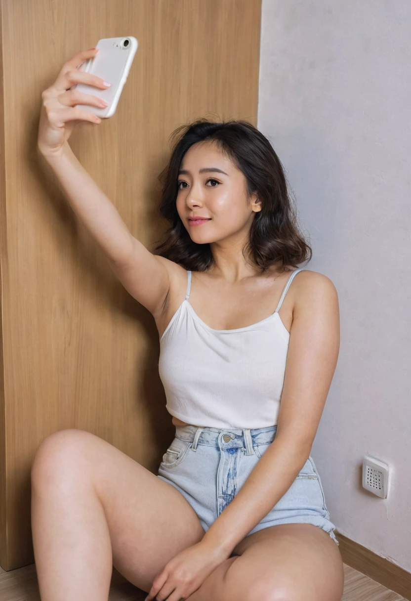 23 years old, woman sitting by the corner of the room, big , expose her skin, and make it real, taking selfie,