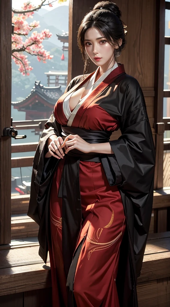 photorealistic, high resolution, 1women, mature female, solo, hips up, black hair, emma \(sekiro\), japanese clothes, kimono, single hair bun, haori, mature female