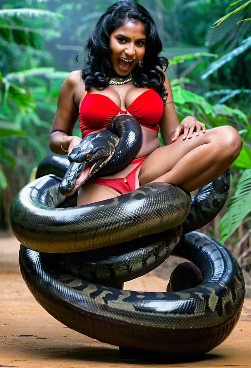 Happy Horny, aroused 1girl), beautiful indian young girl wearing red thong with giant colossal black titanboa monster squeezing her hard, wrapped in thick spiraling coils, constricted, struggle, gasping for air, snake attack, snake peril,
