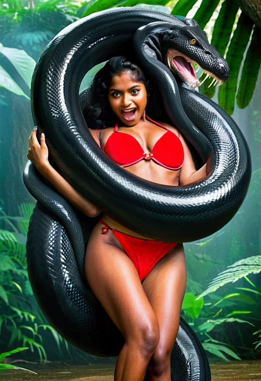 Happy Horny, aroused 1girl), beautiful indian young girl wearing red thong with giant colossal black titanboa monster squeezing her hard, wrapped in thick spiraling coils, constricted, struggle, gasping for air, snake attack, snake peril,