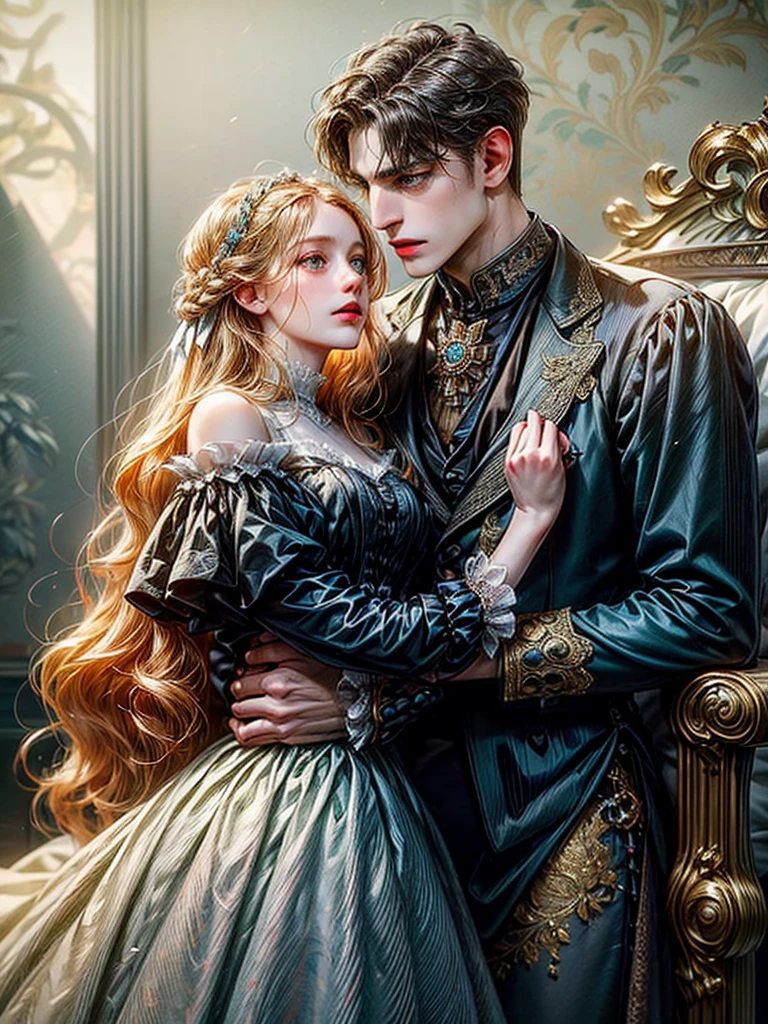 masterpiece, (((best quality))), ((((detailing)))), ((man and woman)), ((victorian clothes)), (light background), (((detailed face))), (they look at each other), (detailed eyes), (ultra-detailed)