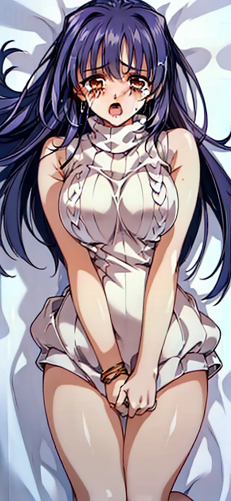 (((masterpiece:1.4, Best Quality:1.48K))), ultra high res, Physically Based Rendering, Full Body Shot, ultra Beautiful y Woman, highlights in the eyes, long navy hair, big hair ribbon, (wind blows up her hair), gigantic Bre4yo, (embarrassed, blush, tears:1.2, open mouth, drooling:1.4), (sleeveless cropped sweater:1.6), (pencil miniskirt), skirt tug:1.6, (((Naked fromwaist down:1.2, no panties))), womng a naked orgy, A dick is ted in pussy, ((having)), (lie down wiread legs wide:1, detailed beautiful pussy2, (spread pussy exposed:1.2, cum in pussy, on the bed, ((On the bed luxury love hotel:1), ((frove:1.5)),