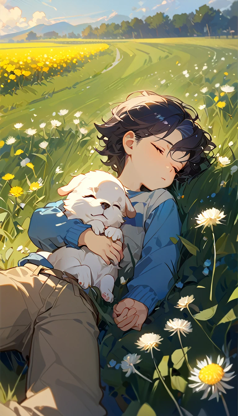 masterpiece, best quality, 8k, 4k, 1boy, kid, sleeping, dark blue hair with red stripes, blue long sleeve shirt, short pale brown pants with pocket, lay down on the field,  white puppy sleeping next to the boy, siberian white puppy, white dandelions fields, dandelions Taraxacum erythrosperm, wind blowing, sleeping on the fields, finely detailed eyes and detailed face, inspired by Asukaziye artist : ask, art style : ask