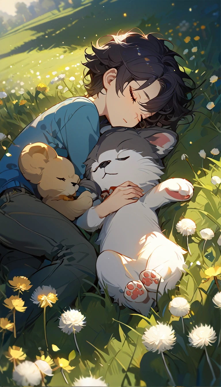 masterpiece, best quality, 8k, 4k, 1boy, ???, sleeping, dark blue hair with red stripes, blue long sleeve shirt, short pale brown pants with pocket, lay down on the field,  white puppy sleeping next to the boy, siberian white puppy, white dandelions fields, dandelions Taraxacum erythrosperm, wind blowing, sleeping on the fields, finely detailed eyes and detailed face, inspired by Asukaziye artist : ask, art style : ask