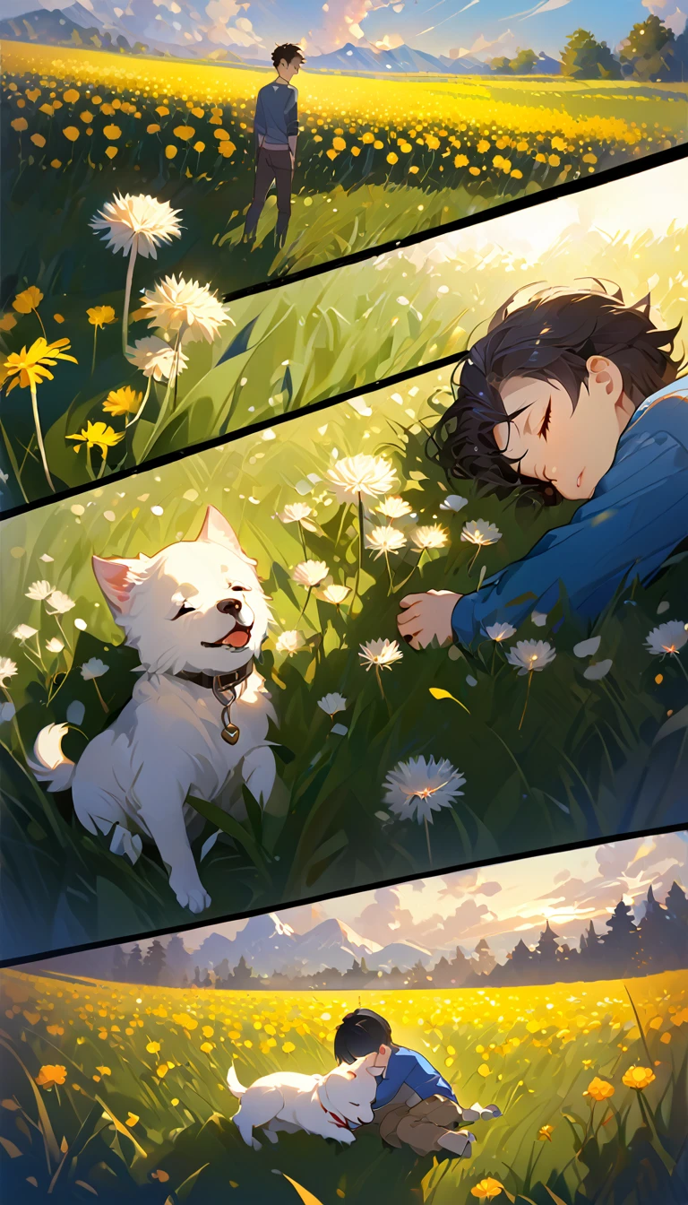 masterpiece, best quality, 8k, 4k, 1boy, kid, sleeping, dark blue hair with red stripes, blue long sleeve shirt, short pale brown pants with pocket, lay down on the field,  white puppy sleeping next to the boy, siberian white puppy, white dandelions fields, dandelions Taraxacum erythrosperm, wind blowing, sleeping on the fields, finely detailed eyes and detailed face, inspired by Asukaziye artist : ask, art style : ask