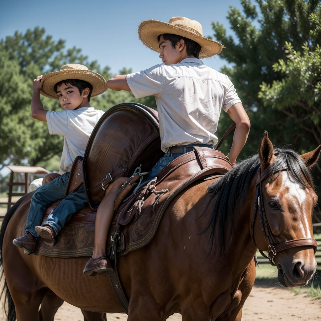 young poor mexican ranch boy with hat riding on a back horse working with many dreams and goals