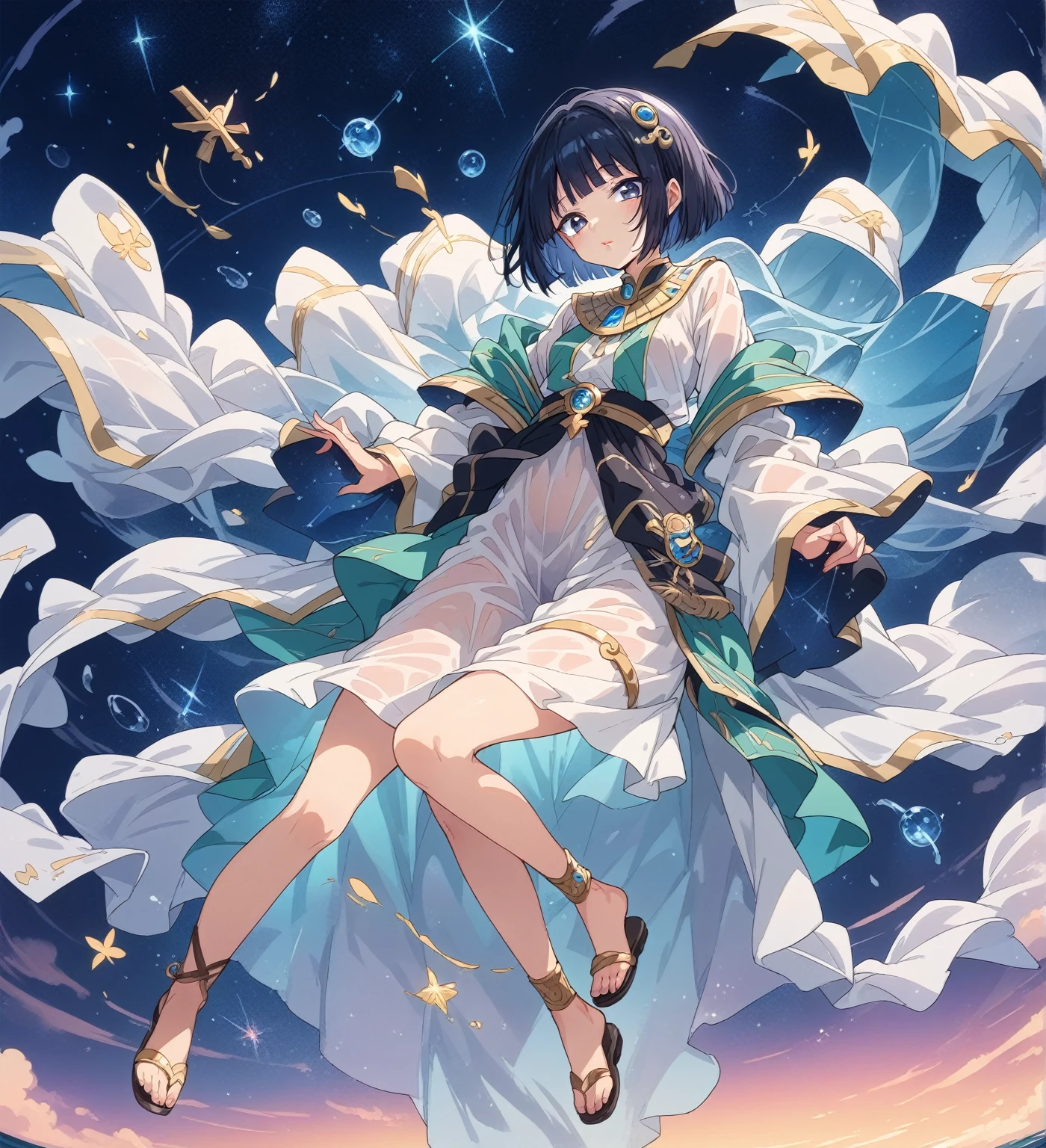 BREAK Perfect Anatomy、(High resolution:1.2)、Incredible illustrations、(Cute illustrations:1.2)、 (Beautiful background,starry skies) 1girl(Black hair, short cut, princess cut, eye shadow, lipstick(黒い肌:1.8))
Osiris robe, see-through shawl, sandals(egyptian priest)