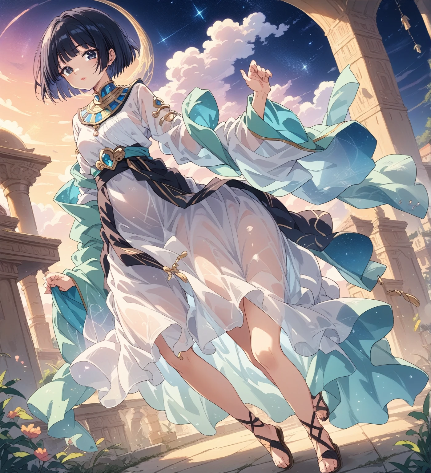 BREAK Perfect Anatomy、(High resolution:1.2)、Incredible illustrations、(Cute illustrations:1.2)、 (Beautiful background,starry skies) 1girl(Black hair, short cut, princess cut, eye shadow, lipstick(黒い肌:1.8))
Osiris robe, see-through shawl, sandals(egyptian priest)