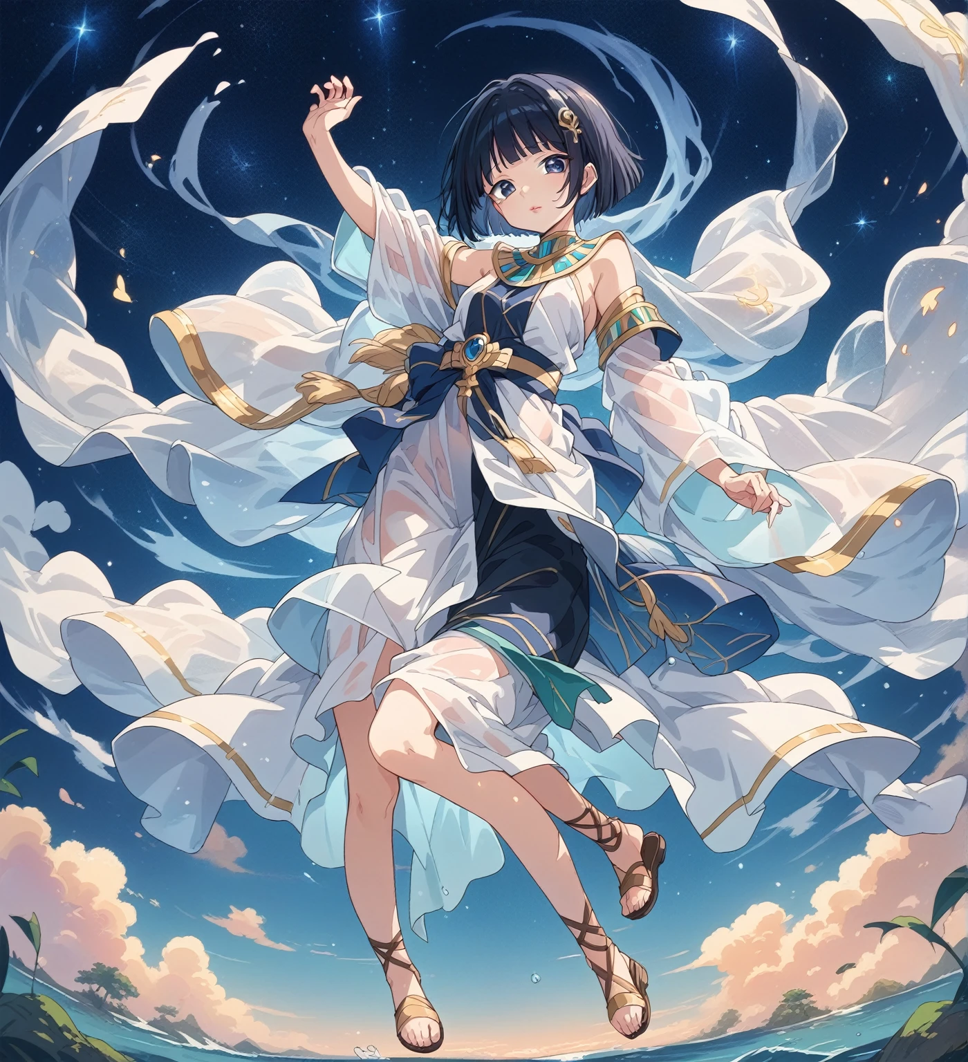 BREAK Perfect Anatomy、(High resolution:1.2)、Incredible illustrations、(Cute illustrations:1.2)、 （Beautiful background,starry skies) 1girl(Black hair, short cut, princess cut, eye shadow, lipstick(黒い肌:1.8))

Osiris robe, see-through shawl, sandals(egyptian priest)