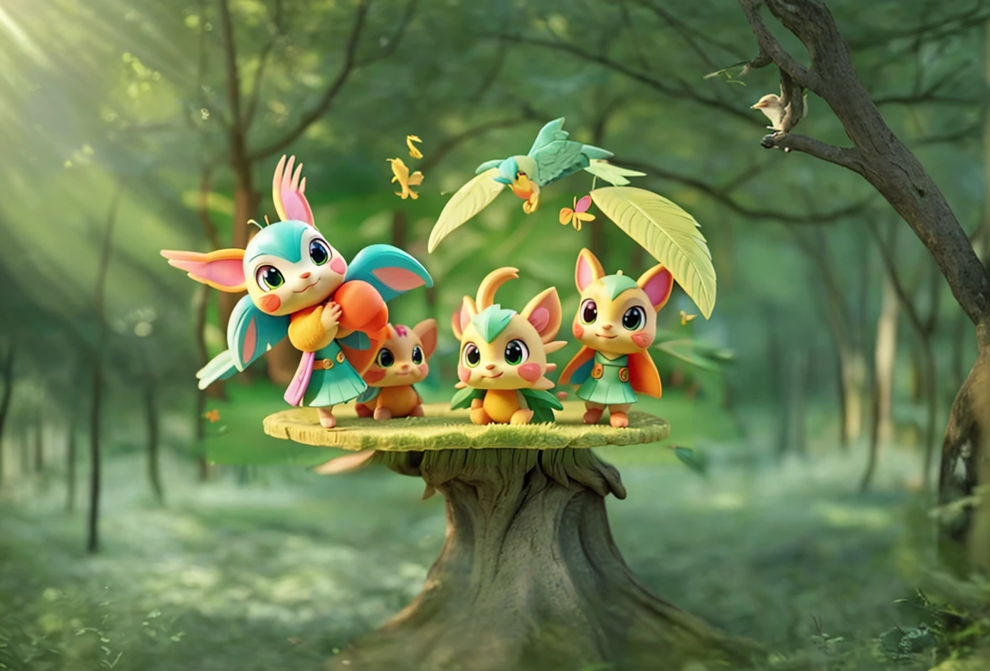 A grand scene with visual impact,forest,There are birds,Sunlight,Elf