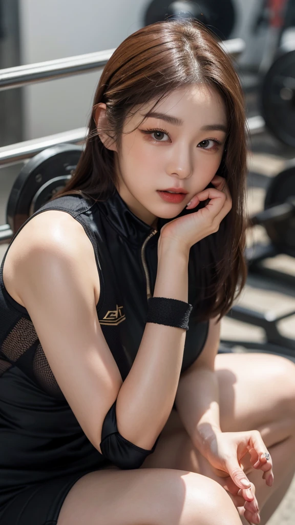 Highly detailed CG unity 8k wallpaper, of the highest quality, Super detailed, masutepiece, Realistic, photographrealistic, extremely detailed cute girl, 25yo, cleavage , (perspired) , Round eyes, peeping at the viewer, Blush, Smile, parted lip, Semi-body shot , Realistic、track suit、Realistic reproduction with vests , Panties , Squat, sports gym